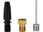 Pump adapter set: a black plastic, a brass, and a steel needle for balls.