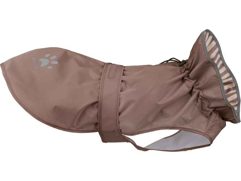 Brown dog rain jacket with a reflective paw print and adjustable hood.