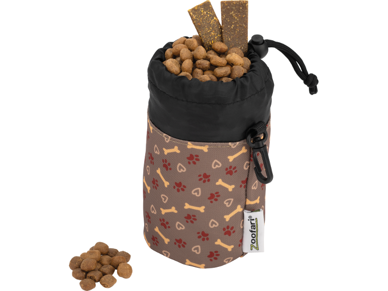 Treat pouch with dog food and sticks, featuring paw print and bone patterns.