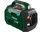 Green and black portable compressor with a handle, a light, and a stored hose.