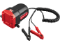 Oil and diesel pump with red and black battery clamps and a coiled hose.
