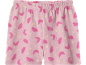 Pink shorts with pink and yellow cloud and star print.
