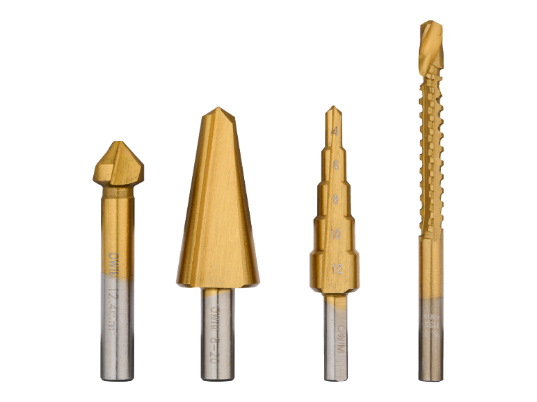 Assortment of golden drill bits: countersink, step drills, and a spiral drill bit.