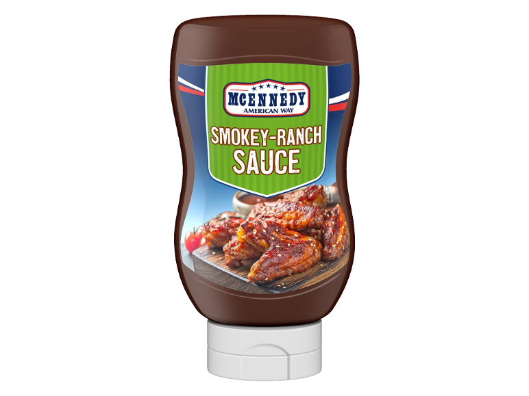 BBQ sauce bottle with chicken wings and the text 'Smokey-Ranch Sauce'.