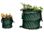 Two green foldable garden waste bins, one small with autumn leaves and one large with green plants.