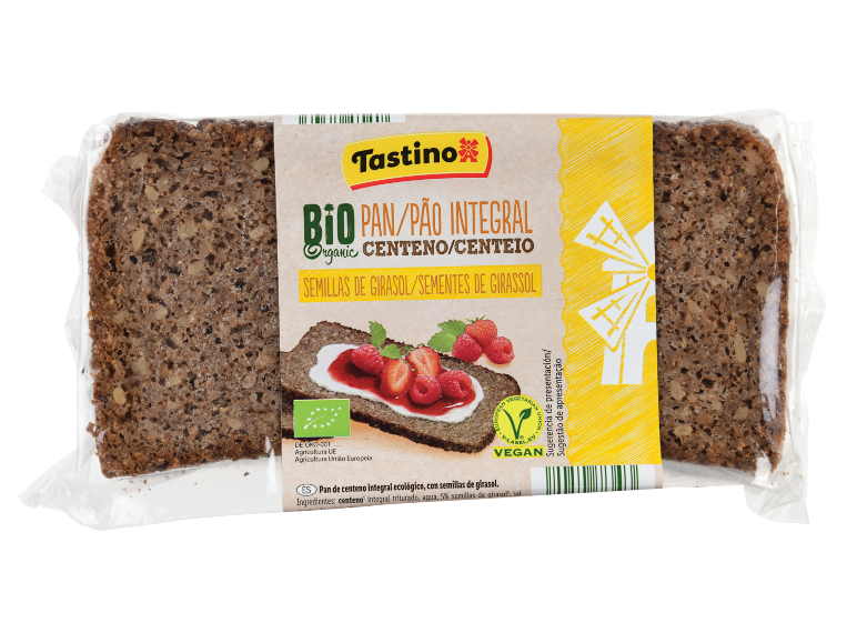 Tastino organic rye bread with sunflower seeds, packaged.