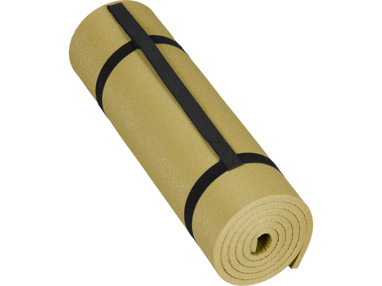 Rolled khaki camping mat with black straps.