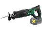 Green and black cordless reciprocating saw with a wood blade, without battery.