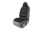 Black car seat with red stitching and lumbar support.
