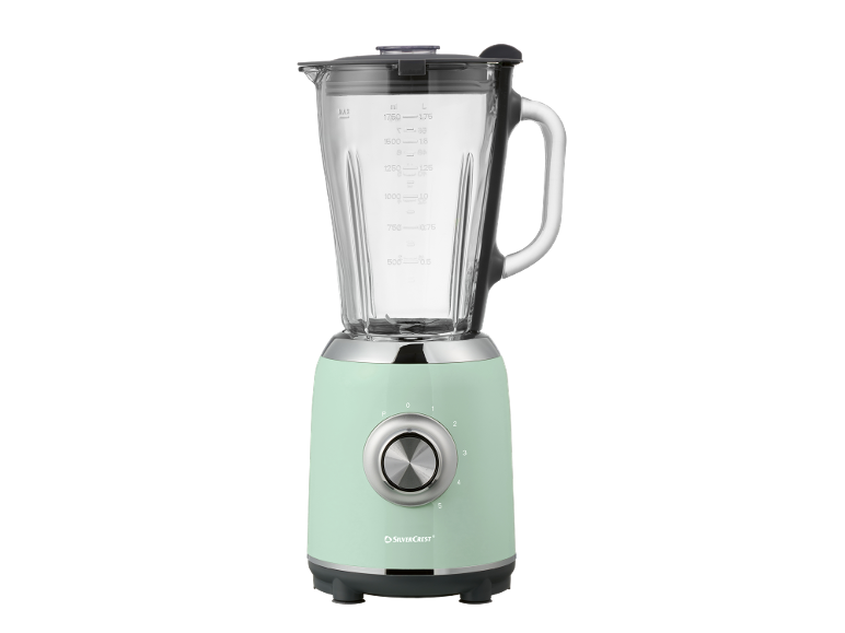 Mint green blender with a glass jug, measuring marks up to 1.75L, and a 5-speed dial.