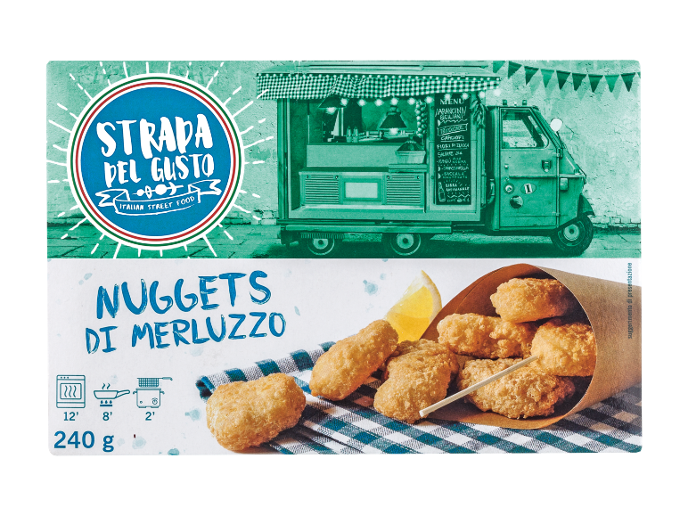 Fish nuggets with lemon, served in a paper cone, with a street food truck in the background.