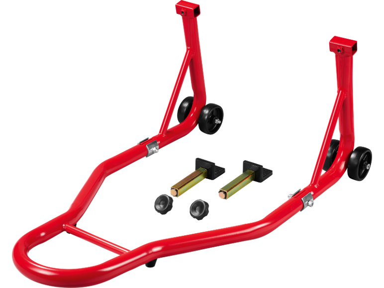 Red motorcycle stand with lifting accessories.