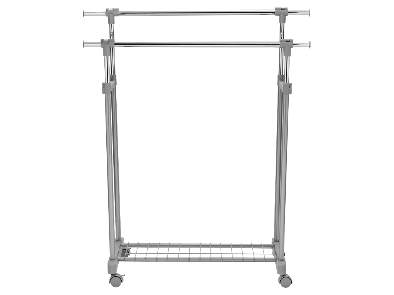 Double clothes rack with wheels and a bottom wire shelf.