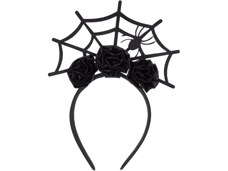 Black headband with spiderweb, spider, and three fabric roses.