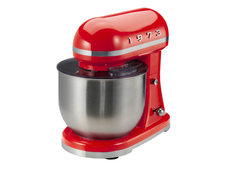 Red stand mixer with a stainless steel bowl and chrome details, featuring the number 1973