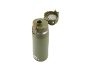 Green thermal bottle with an open flip-top lid and red details.
