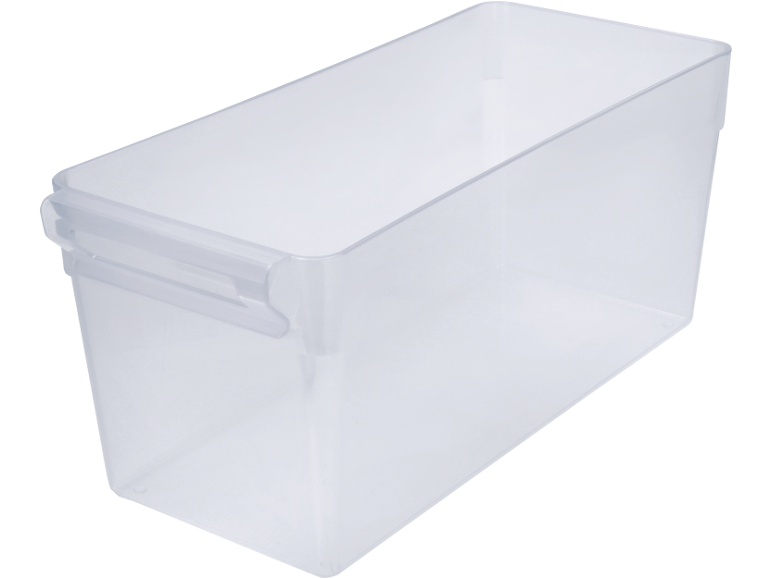 Clear plastic storage organizer bin with handle