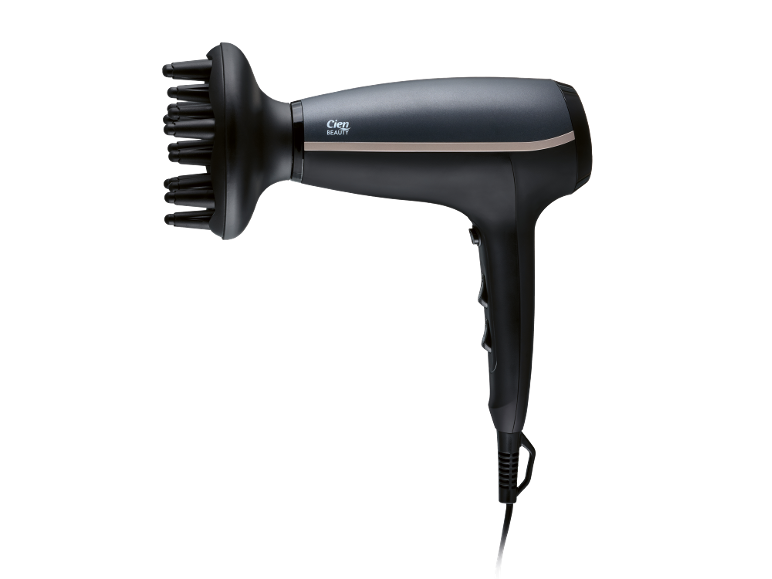 Black hairdryer with a diffuser attachment and gold accents.