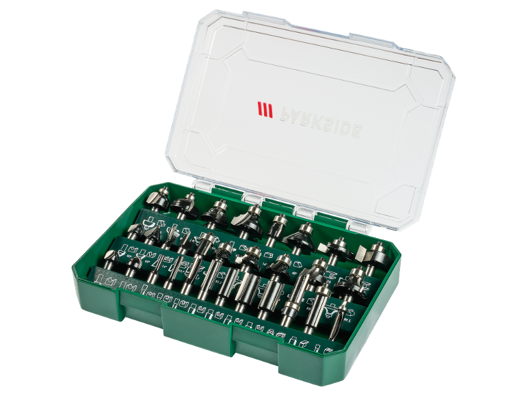 Router bit set in a green case with various bits and specifications like 90°, 60°, 14°.