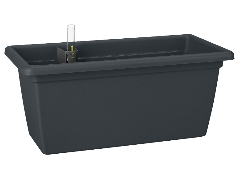 Rectangular grey plant pot with a water level indicator.