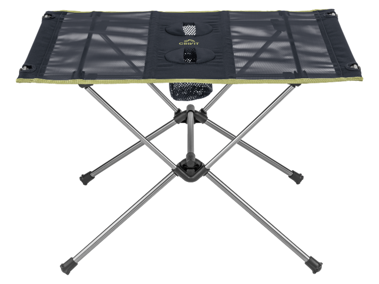 Foldable camping table with a metal frame and a black mesh surface.