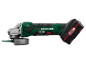 Cordless angle grinder in green and black with red accents.