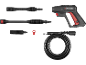 Pressure washer gun with hose and various attachments.