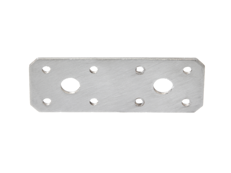 Metal plate with rectangular and circular cutouts.