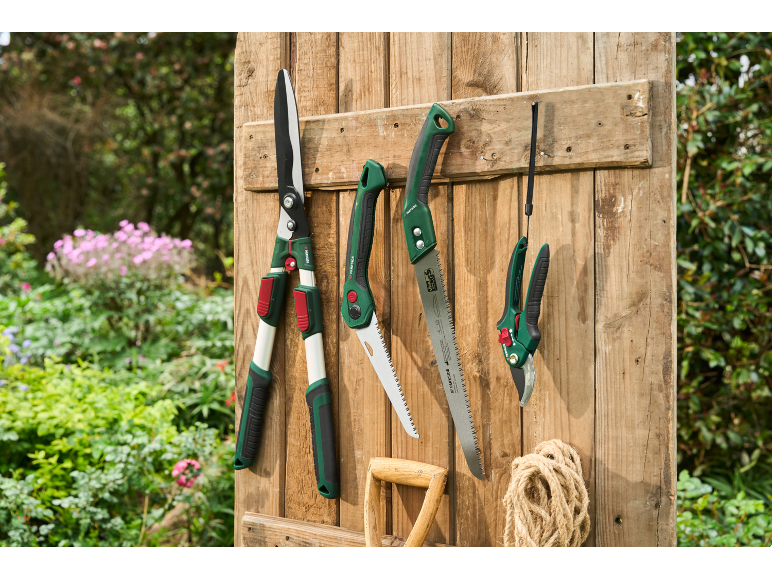 Garden shears, saws, and pruners hang on a wooden wall in front of a garden.