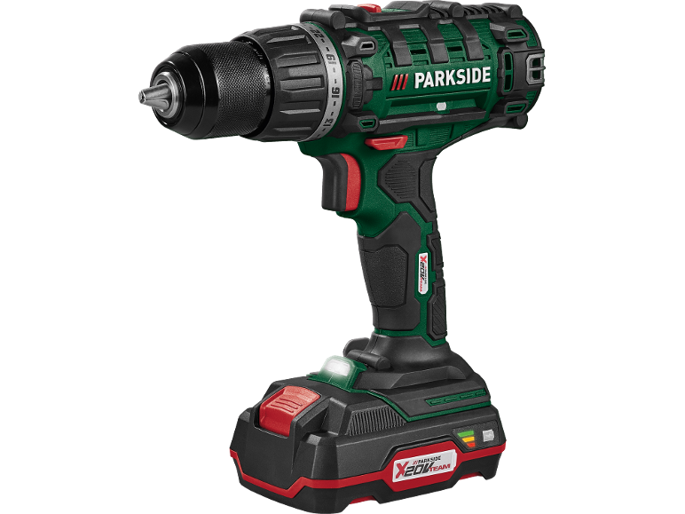 Cordless drill in green and black with red accents and a battery.