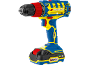 Blue and yellow cordless drill with battery, with red torque ring and black chuck.