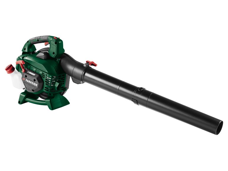 Green and black petrol leaf blower with a long black nozzle
