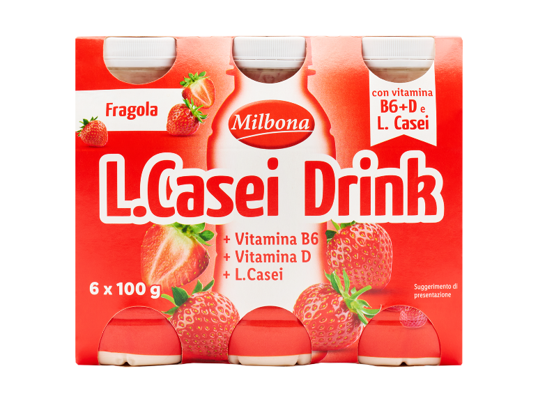 Pack of 6 strawberry yogurt drinks, enriched with vitamins B6, D and L. Casei.