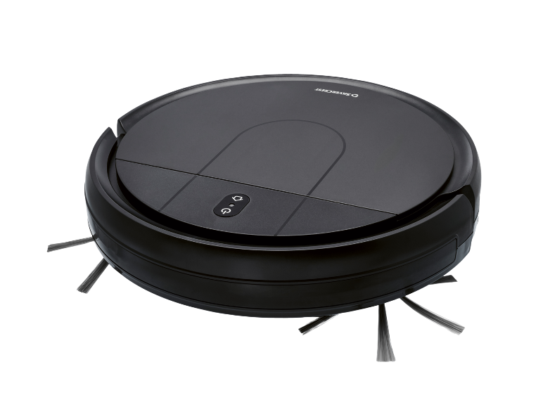 Black robotic vacuum cleaner with side brushes on a black background.