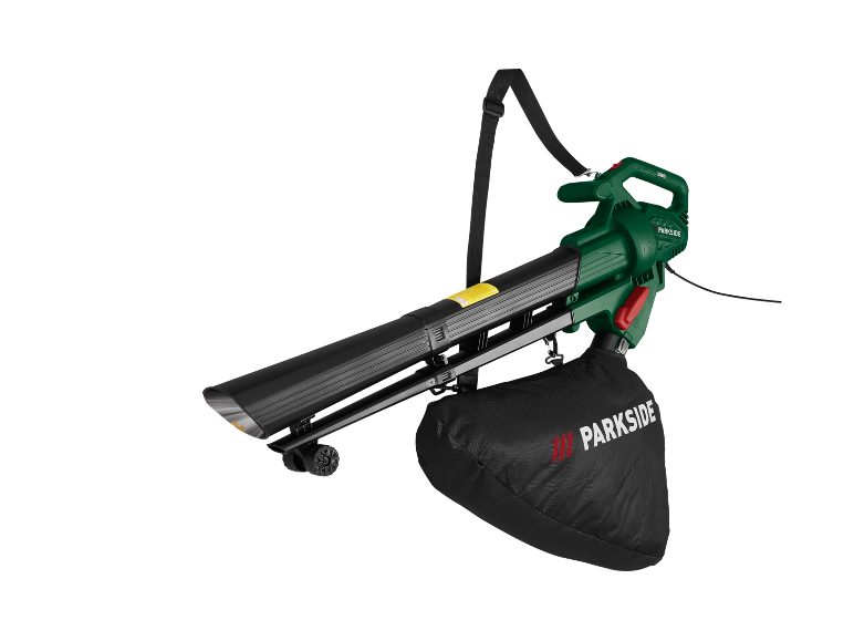 Green electric leaf blower with a black collection bag and shoulder strap.