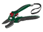 Garden pruning shears with green handles and a black strap.