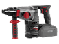 Grey and black cordless rotary hammer with red auxiliary handle and battery.