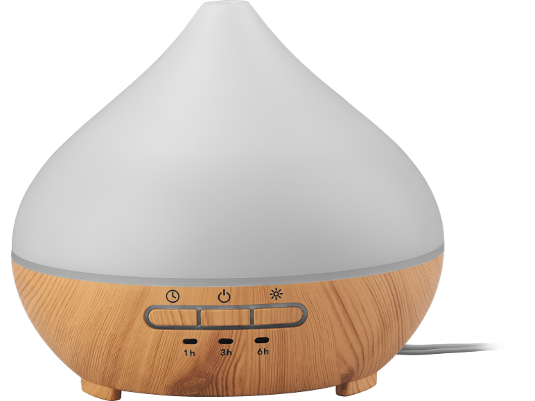 White and wood-grain essential oil diffuser with timer and light controls.