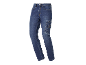 Blue denim work trousers with side pockets and stitching details.