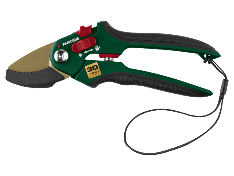 Green garden shears with a golden blade and black handle, featuring '30 YEARS' text.