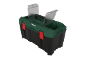 Green and black toolbox with red latches and clear lids.