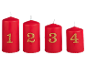 Four red Advent candles with golden glitter numbers 1, 2, 3, and 4.