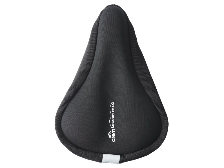 Black bicycle saddle cover with memory foam, top view.