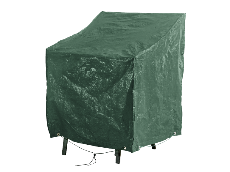 Green protective cover for garden furniture on a black background.
