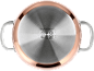 Copper pot bottom with hob compatibility symbols.