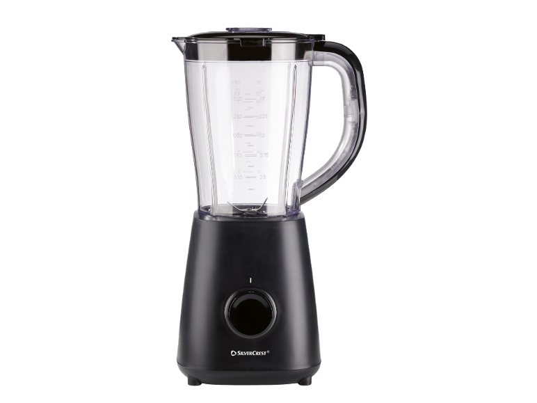 Black blender with a transparent jug featuring a measuring scale and a control knob.