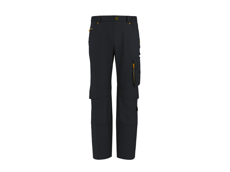 Dark blue work trousers with yellow zippers and pockets