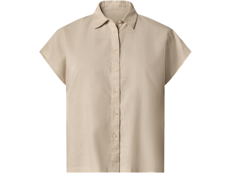 Women's beige short-sleeved shirt with buttons.