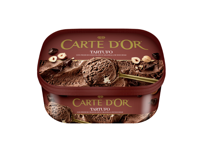 Two tubs of chocolate ice cream with chocolate pieces and hazelnut granules.