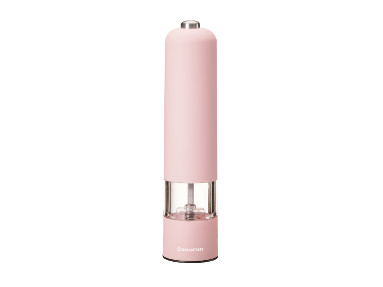 Pink electric salt or pepper grinder with a transparent base.